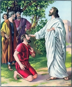 Jesus touching the eyes of a blind man